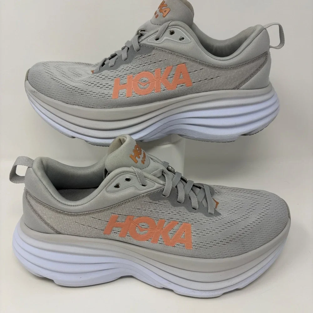 Hoka Bondi 8 Womens Size 8 Grey Orange White Athletic Running Shoes Sneakers